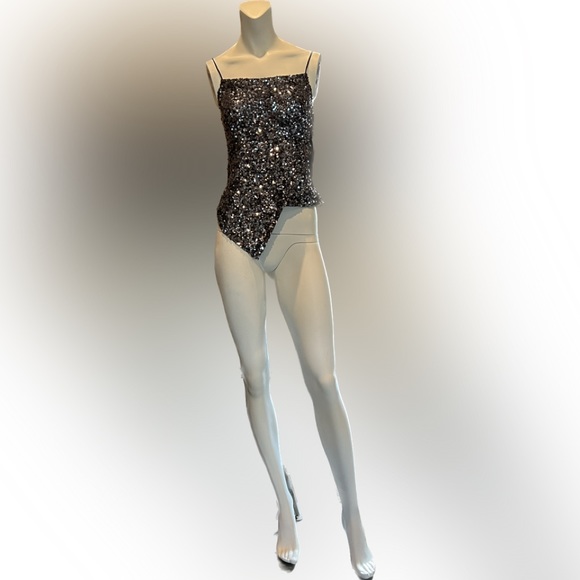 NWT Sean Collection Sequin Asymmetrical Camisole Silver Spaghetti Straps SZ XS - Picture 3 of 16